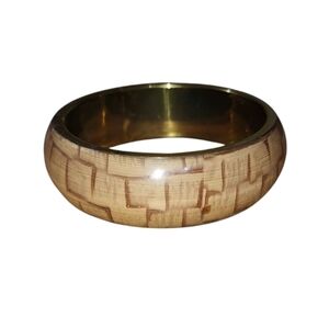 Vintage Lucite With Brass Inlay Neutral Geo Patterned Bangle Bracelet